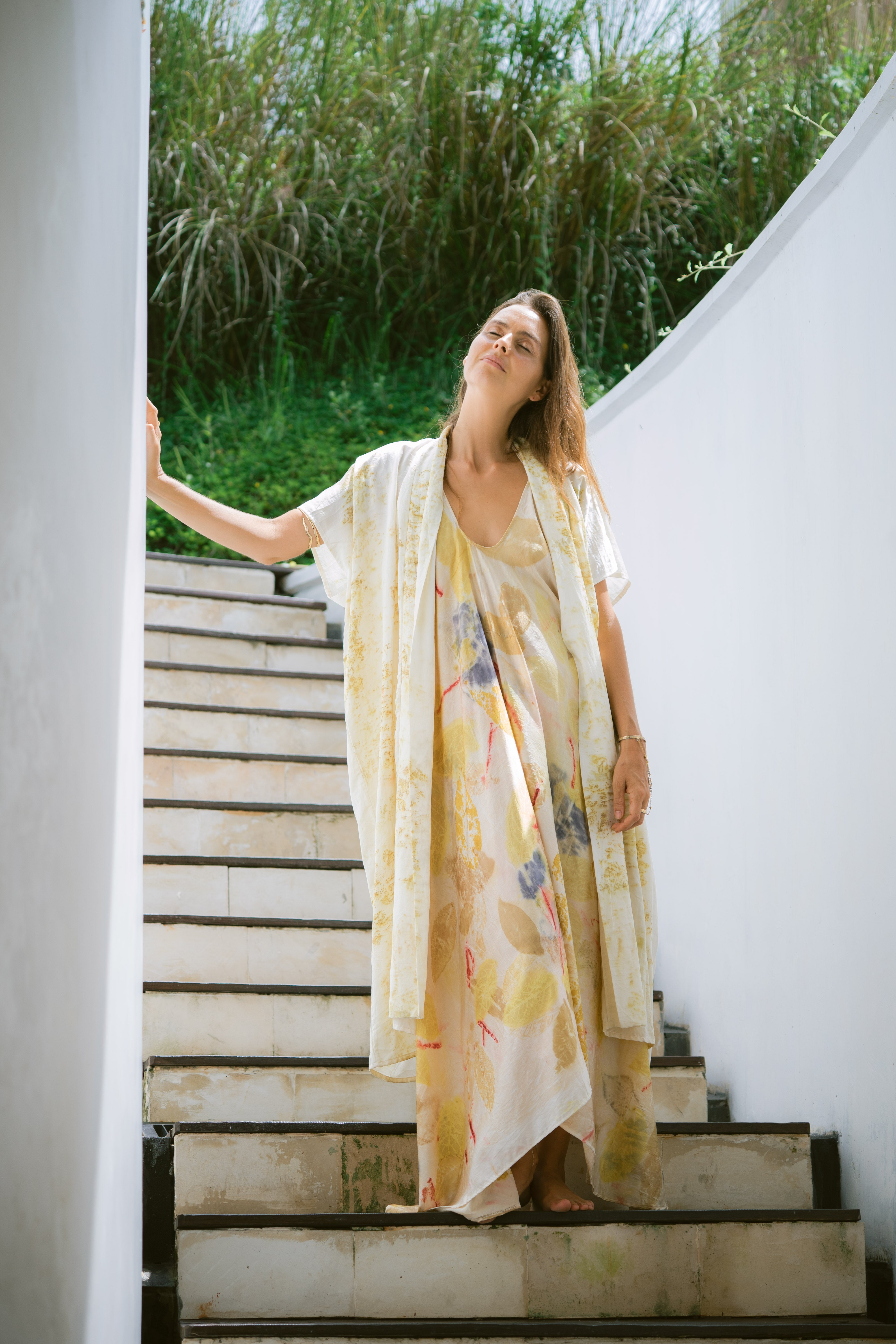 The Yogini β Green, White & Yellow Cotton Silk Eco Print Pyjamas